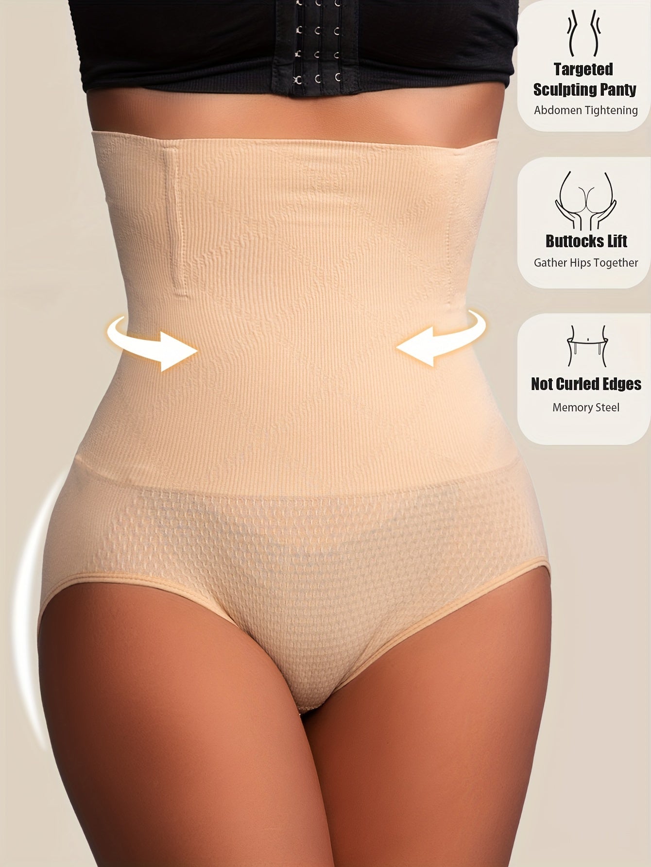 High-Waist Tummy Control Shapewear Panties for Women - Slimming Waist Trainer & Butt Lifter, Breathable Knit Fabric, Spandex/Polyester, Hand Washable, Seamless Design, Solid Beige, Body Shaping Underwear|Seamless Underwear|Br